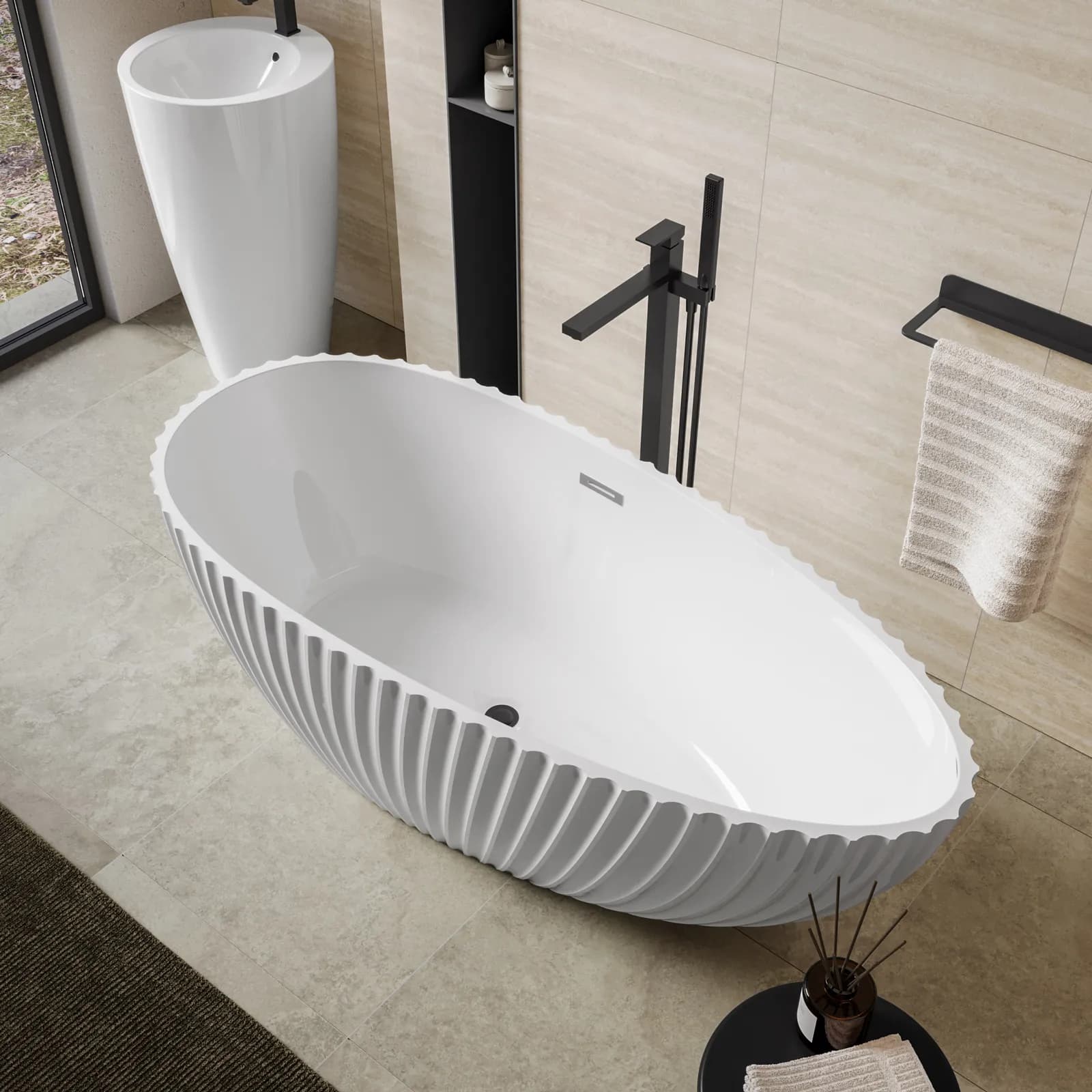 Vasca freestanding 170x58h cm in acrilico bianco lucido cannettato - Reynosa