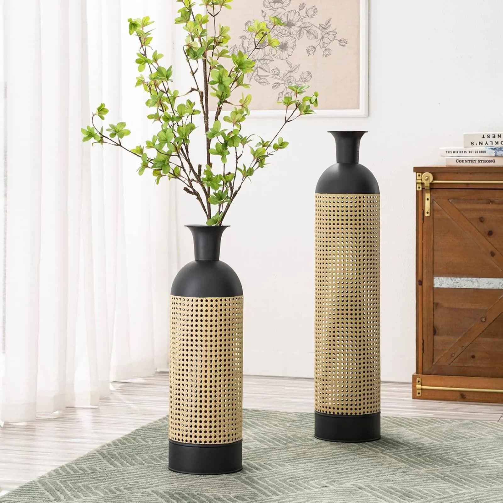 Vaso da interno 62h cm in metallo nero con intreccio viennese