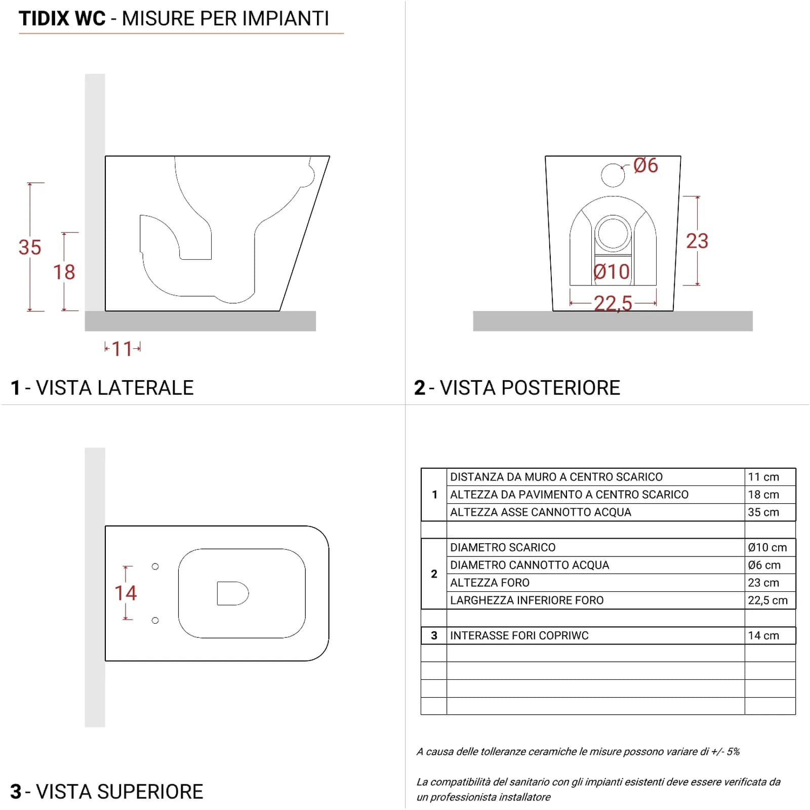 Vaso filomuro con sedile soft- close in ceramica bianca - Tidix
