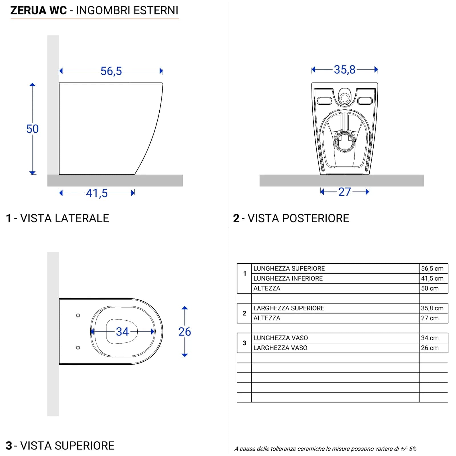 Vaso filomuro H 50 cm in ceramica bianco lucido con copriwc - Zerua