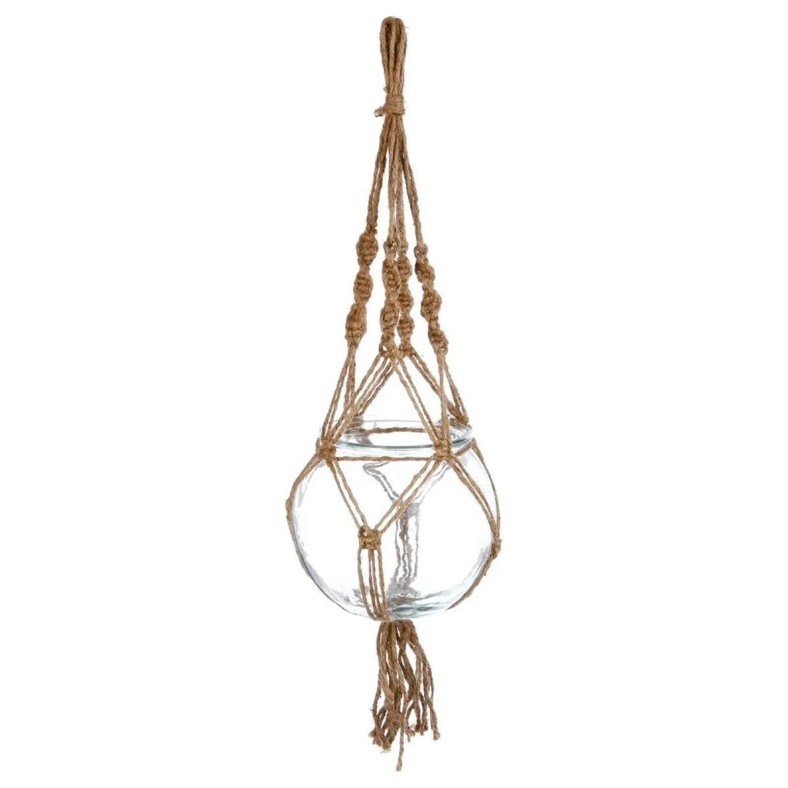 Vaso sospeso rotondo 18 cm in vetro e rafia naturale