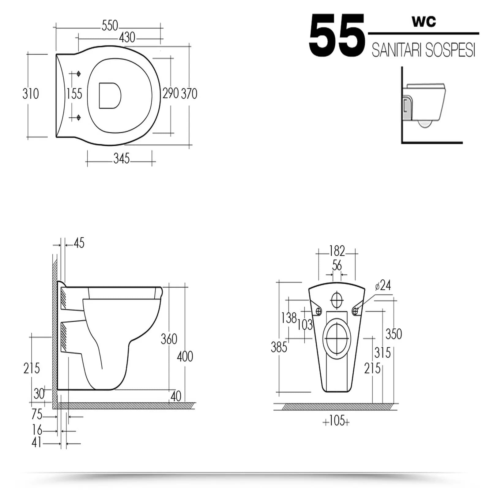 Vaso sospeso wc in ceramica completi di sedile copriwc avvolgente