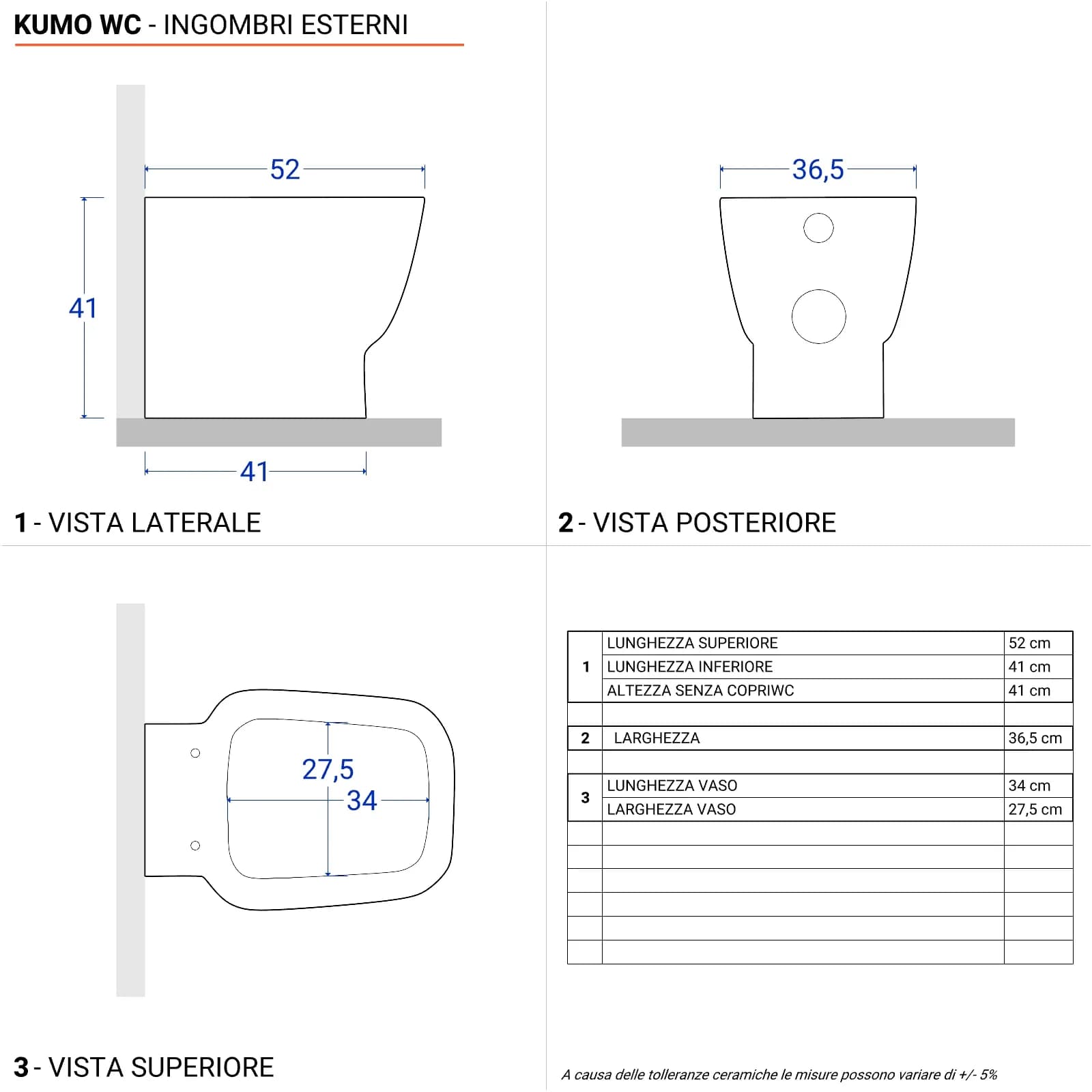 Vaso wc filo muro ceramica completo di sedile antiurto soft-close - Kumo