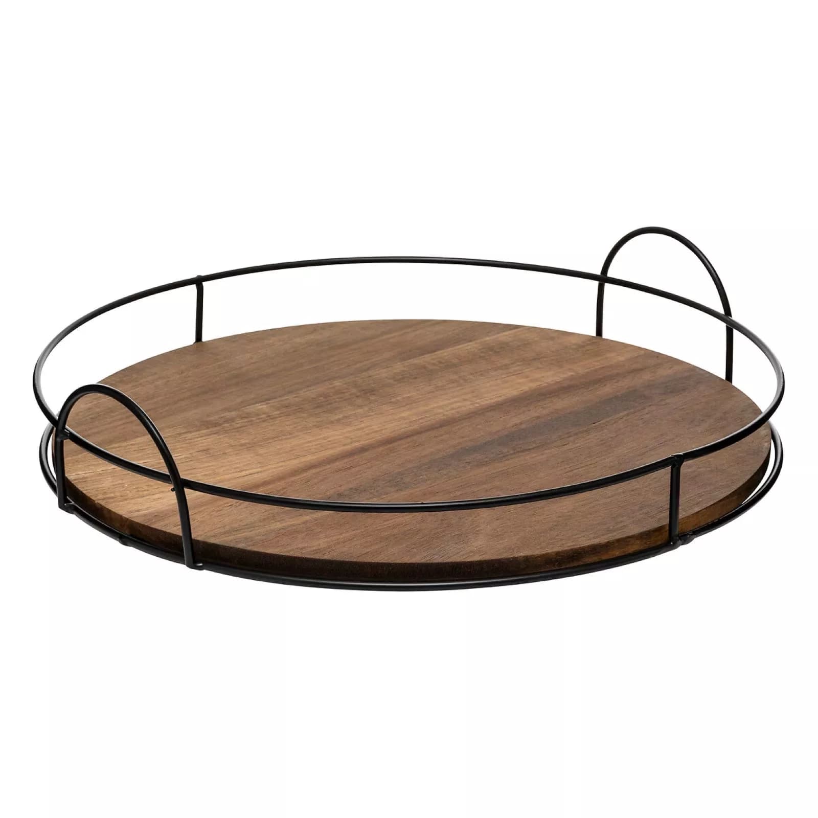 Vassoio rotondo 34 cm in metallo nero e legno naturale