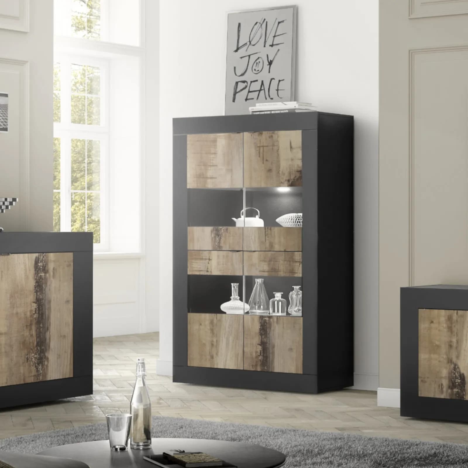 Vetrina 102 cm con quattro ante nero e legno - Geila