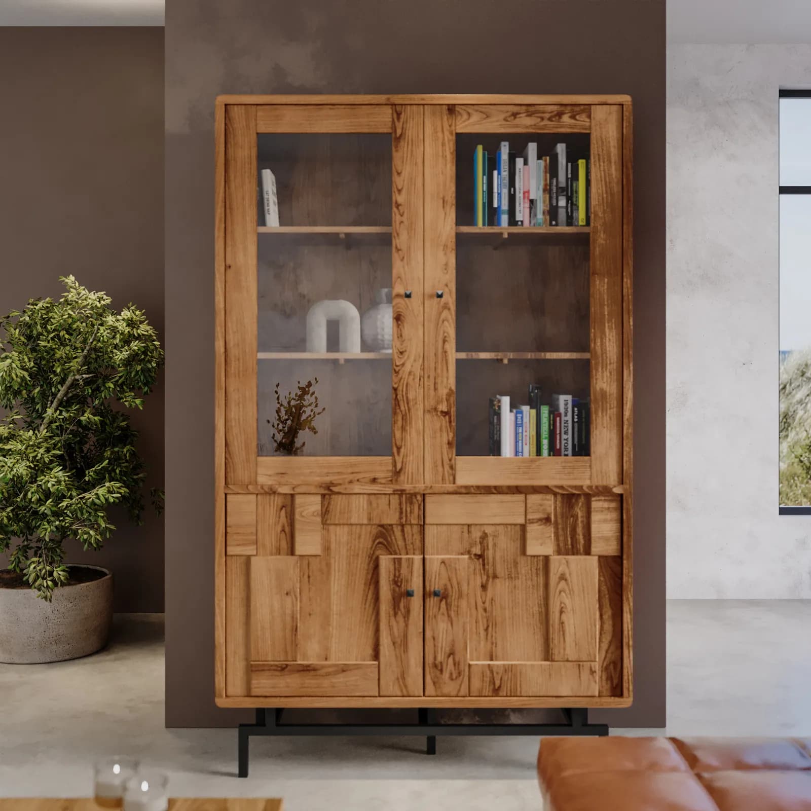 Vetrina 118x194h cm in legno di acacia e struttura in metallo nero con 4 ante - Baktu