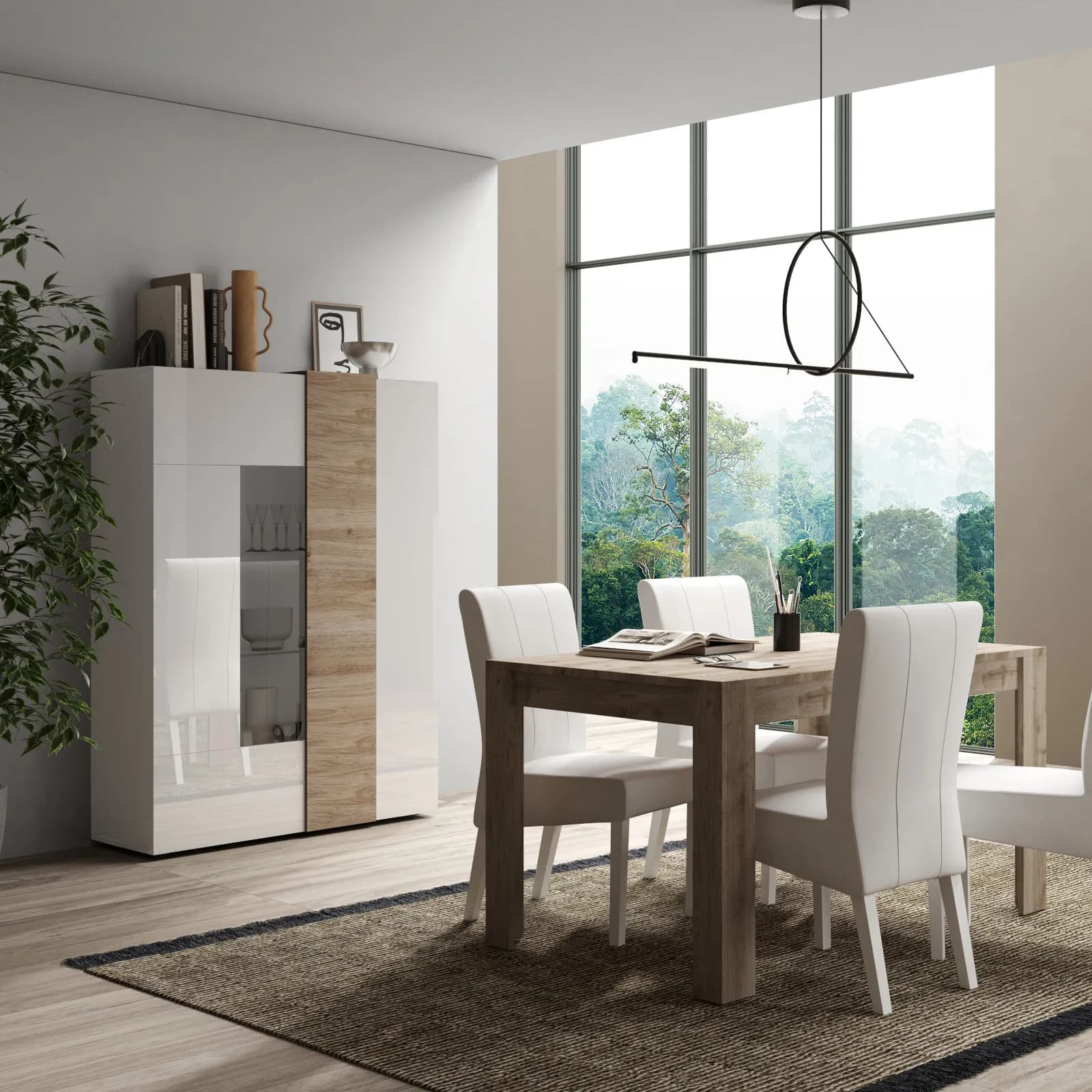 Vetrina 121 cm con due ante bianco lucido e e rovere cadiz - Kendra