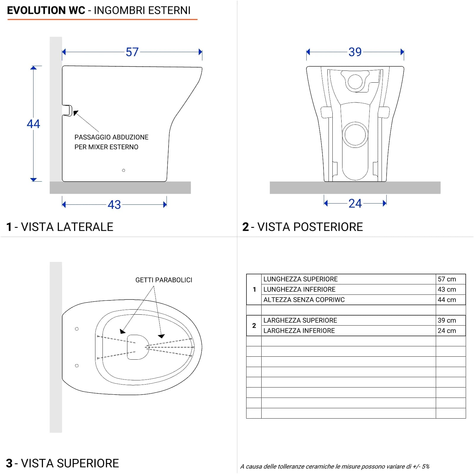 Wc-bidet filomuro Evolution Mini di Sanitosco alto 44h cm in ceramica antibatterica