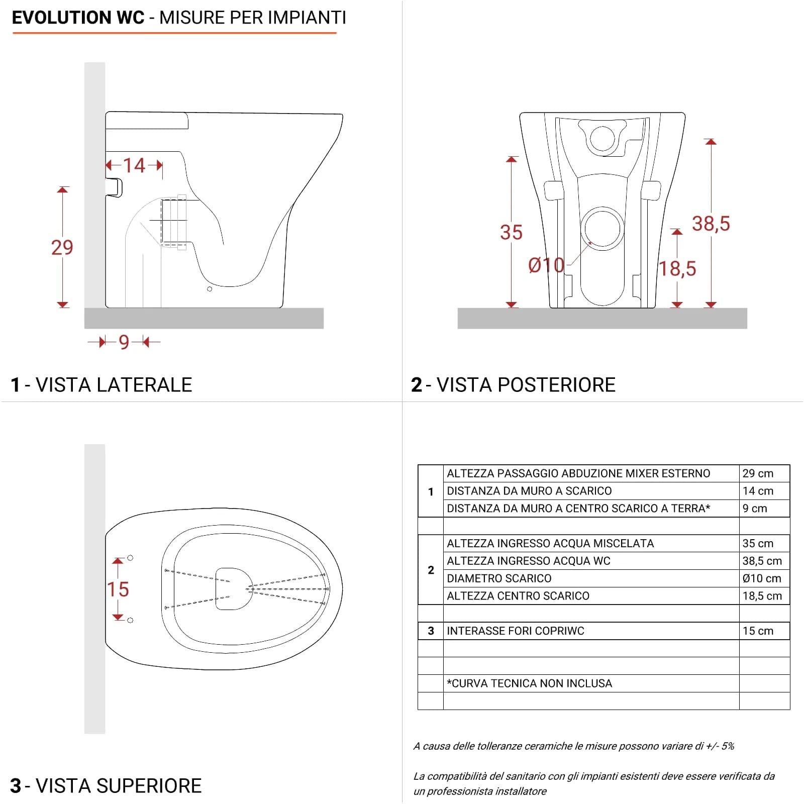 Wc-bidet filomuro Evolution Mini di Sanitosco alto 44h cm in ceramica antibatterica