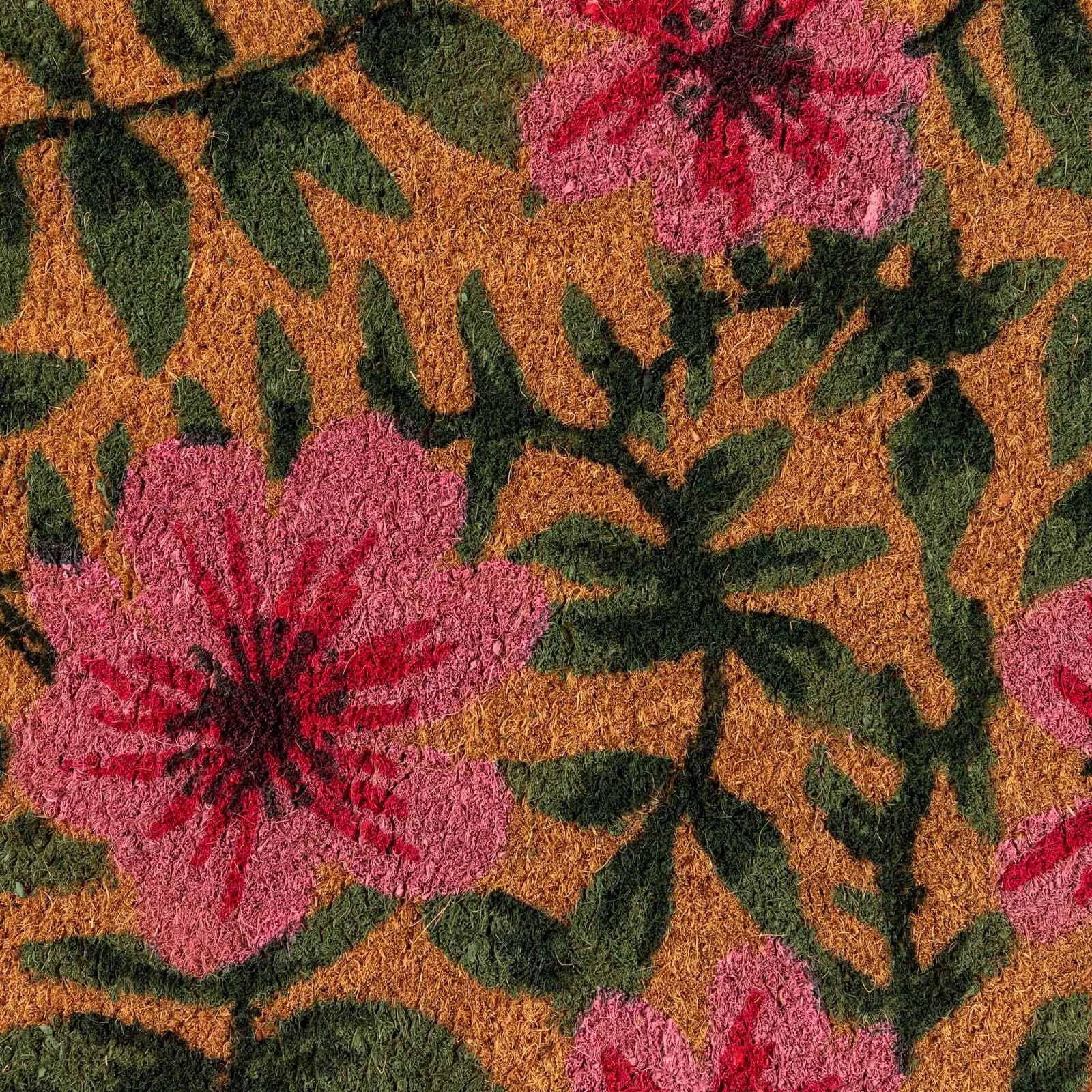 Zerbino 45x75 cm in coir con disegno prato fiorito rosa