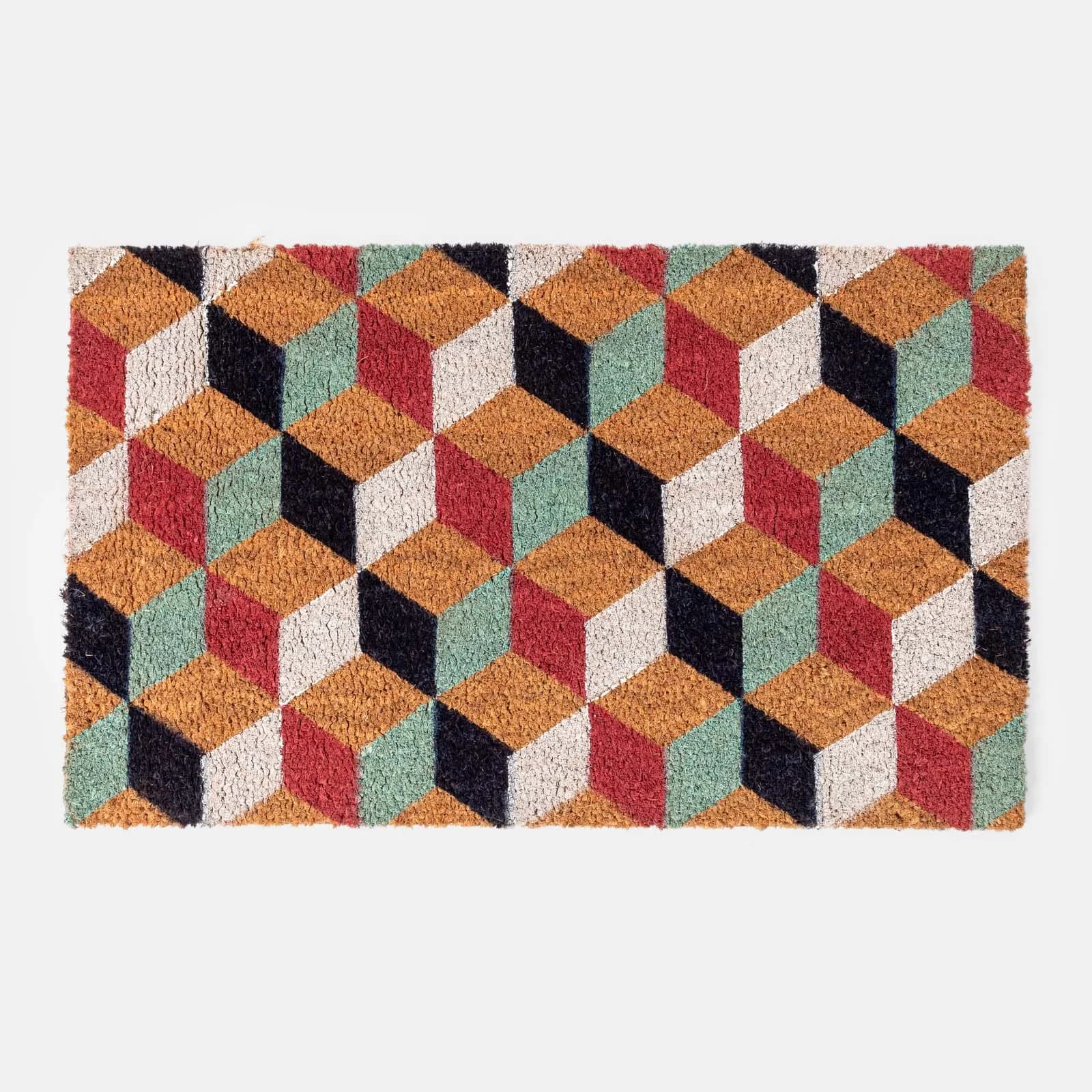 Zerbino 45x75 cm in coir naturale con disegno geometrico cubi colorati