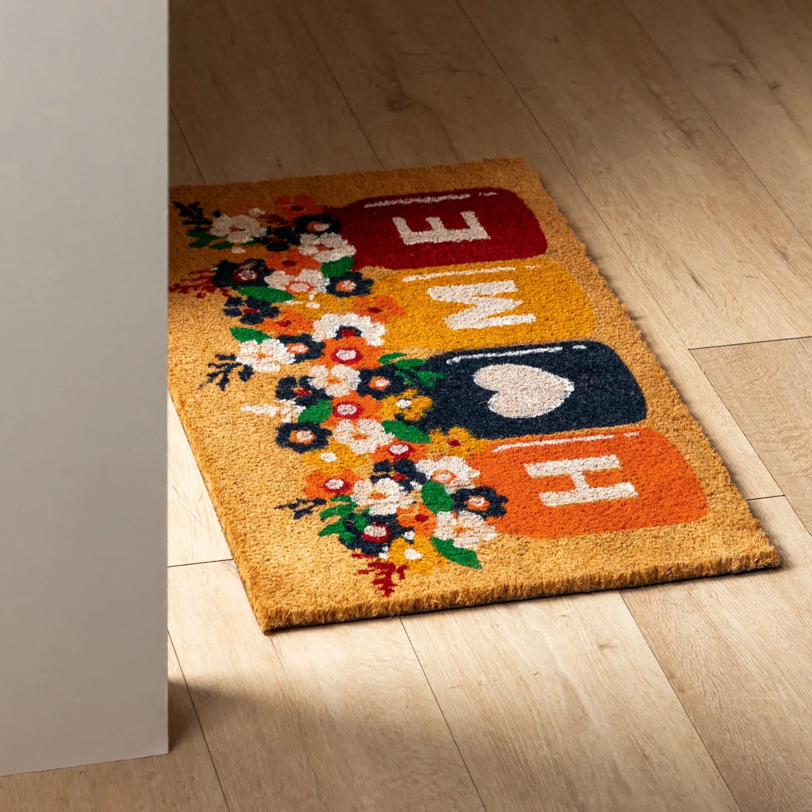 Zerbino Home 45x75 cm in coir naturale con disegno fiorellini