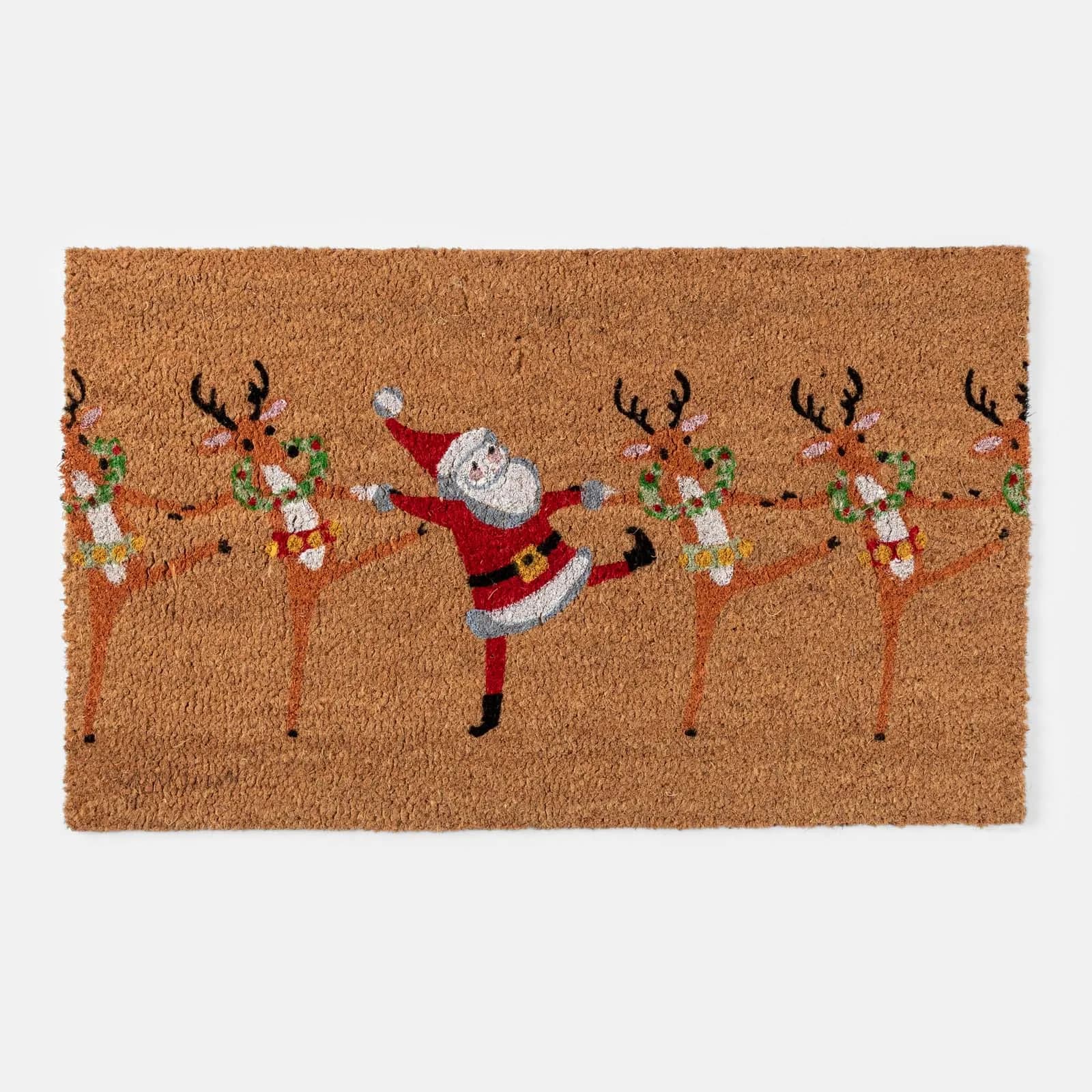 Zerbino natalizio 45x75 cm in coir con disegno Babbo Natale e renne