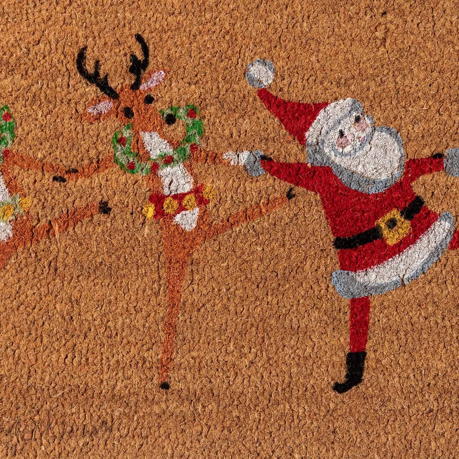 Zerbino natalizio 45x75 cm in coir con disegno Babbo Natale e renne